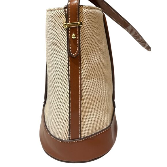 Unbranded Canvas & Faux Leather Bucket Shoulder Bag Beige Brown Crossbody Purse - Picture 4 of 5